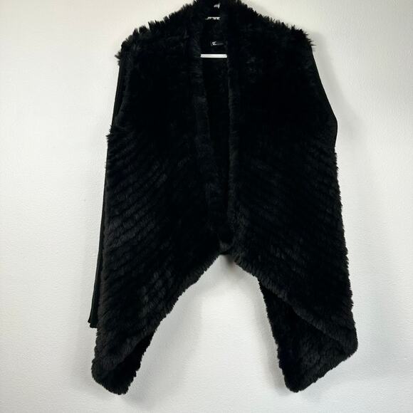Love Token Faux Fur Open Front Jacket with Knit Sleeve Black Large